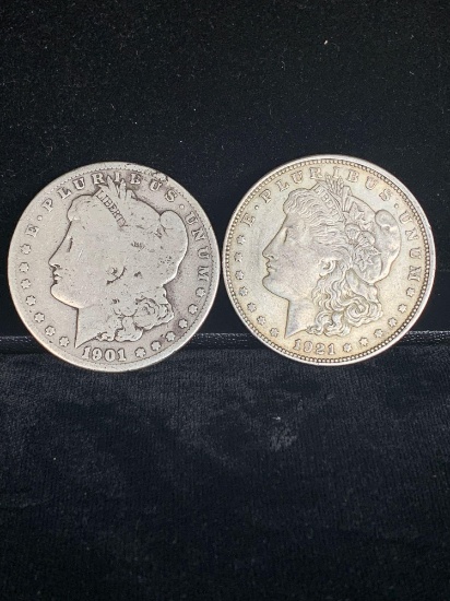2 x Silver Morgan dollars , 1921 & better date 1901-O