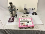 Collection of different kitchen appliances, Breville juicer, GE blender, Wilton desert decorator