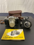 Classic Ihagee Exakta VX film camera w/ 50mm f/2.8 Tessar lens, case, strap, lens cap, Exakta guide