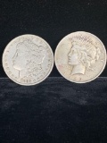 2 x Silver dollars , 1922 peace dollar & 1883 silver Morgan dollar