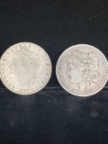 2 x Silver Morgan dollars , 1887-O & 1880-O