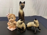 3 Porcelain Siamese Cats Robert Simmons Ceramics + a Vintage Velco '3797' Baby Shaped Vase