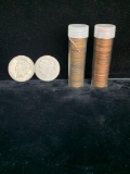 2 x tubes of copper pennies ,1 tube unresearched wheat pennies,1 tube copper, plus 2 silver dollars