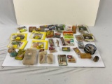 lot of vintage assorted fishing accessories with tackle box, jelly lures, fishing line