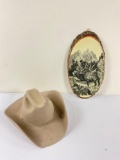 Vintage Stetson cowboy hat 7 1/2 R, rancher tan & wooden elk art piece Wrightwood, CA