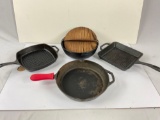 Rustic set of 4X different cast iron pans, 2x lodge branded. 1x wooden lid