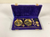 Beautiful vintage brass jewelry balance scale with velvet box and all weights
