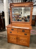 Exquisite large Vintage Tiger Oak Hutch with beveled floating mirror.