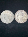 2 x Silver dollars , 1921 silver Morgan & 1922-D silver peace dollar