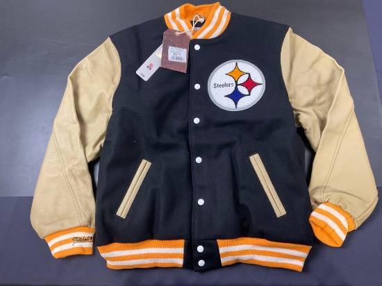 Official Throwback Pittsburgh Steelers Wool and Leather Varsity Jacket Size L