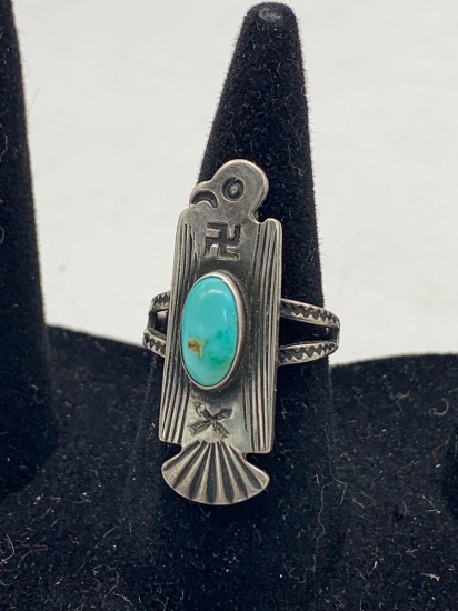 Antique early 1900's Navajo Sterling silver ring with turquoise, arrows & Swastika markings