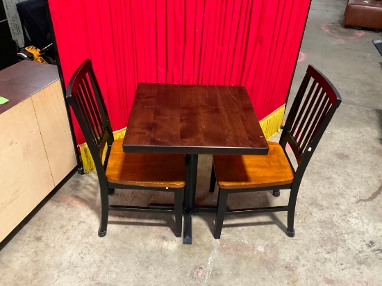 CAFE TABLE AND CHAIRS FROM OLYMPIA BISTRO. 30" tall 24"x 24" wide.