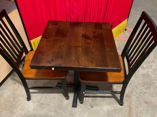 CAFE TABLE AND CHAIRS FROM OLYMPIA BISTRO. 30" tall 26"x 26" wide.