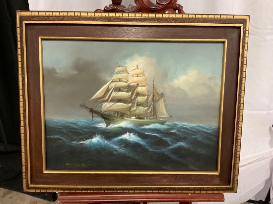 Original vintage oil painting of Clipper Ship at Sea on canvas by Orlando Domingo.