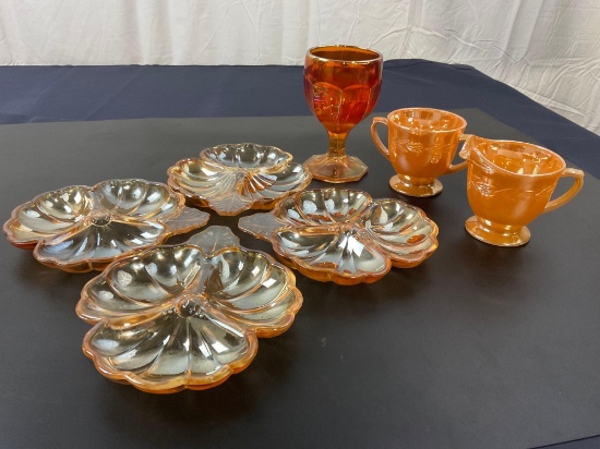 Assorted Orange Dishes Marigold, Carnival glass + Fire King Oven Ware (lot of 7 items)