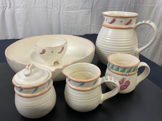 Vintage Set of 5 Pieces TAOS Treasure Craft Chip and dip, mug, cream + sugar, and pitcher