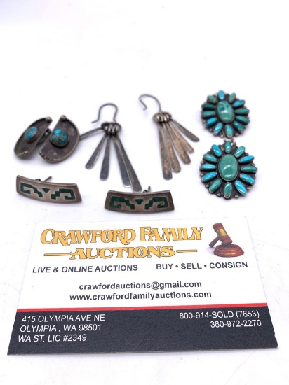 4 X sterling silver earrings 2 w/ turquoise 1 w/ marcasite ,1 very cool Navaho bear paw set