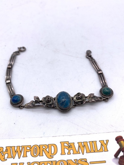 Rare Antique German Sterling silver women's bracelet w/ blue lapis and turquoise