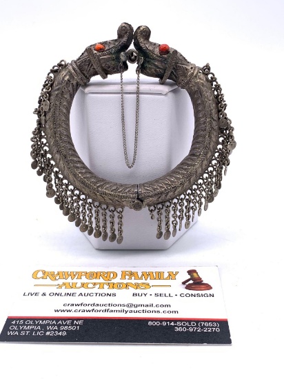 Vintage / Antique hand crafted Mayan / Aztec designed Snake? bracelet w/ coral eyes