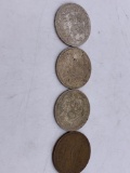 1943, 44, 45 /.720 silver Mexican 50 centavos coins & a 1944 20 centavos copper coin