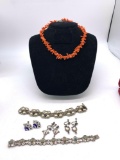 Lot of Antique / vintage sterling and coral, 3 x screw backs earrings, 2x bracelets,1 coral necklace