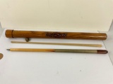 Beautiful vintage pool cue with wooden circular case, like new condition.