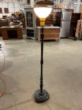 Vintage wooden torchiere style floor lamp with white glass half globe shade.