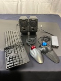 Lot of various Computer accessories, speakers, 2x ball mice, a usb adapter, and a keyboard