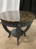 VINTAGE MARBLE TOP COFFEE TABLE WITH WOODEN BASE FROM OLYMPIA BISTRO.