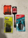 4-Piece Lot of Drill bits, accessories and adapters. MAKITA, RYOBI, KLEIN, and MILWAUKEE.