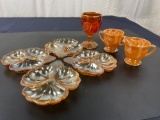 Assorted Orange Dishes Marigold, Carnival glass + Fire King Oven Ware (lot of 7 items)