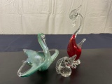 3 Gorgeous Glass Art Pieces, a swan with marbled teal glass + A Unicorn + A Swan with red glass
