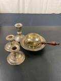 2 Sterling Silver Pieces and 3 Weighted Sterling Silver Candlestick Holders