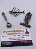 3 piece set of antique/ Vintage sterling silver Pins , saguaro cactus, Fish skeleton, Mini spoon