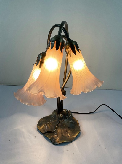 16" Meyda Tiffany, pink pond lily 3 light accent lamp with bronze finish base.
