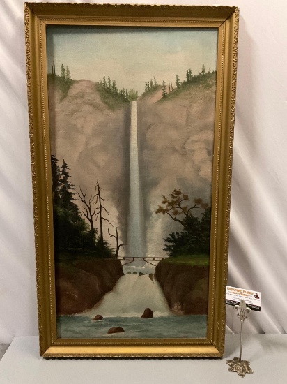 Antique framed original canvas painting of Multnomah Falls by unknown artist, approx 20 x 36 in.