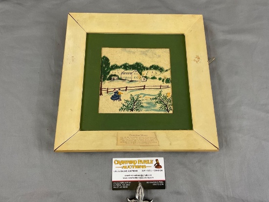 Small vintage framed Grandma Moses art print, approx 11 x 11 in.