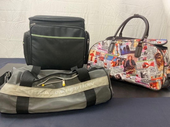 Designer Jeanne Lottie bag, Nautica Competition Duffel bag, and Scrapbooking bag with some supplies