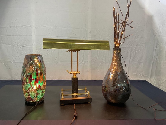 3 Lamps, 1 LED stick lamp in mosaic jar, matching mosaic glass lamp, and classic marble desk lamp