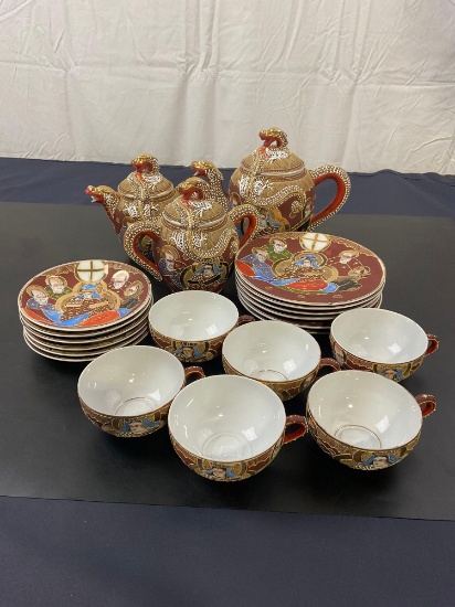 Ornate Hand painted & signed Antique Porcelain Dragonware  Moriage  Satsuma Geisha Tea set.