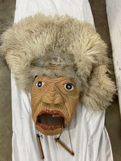 Native American Old Man Stage Mask with Sheepskin Hair and Moving Eyes/Mouth by Unknown Carver