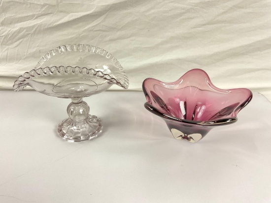 Lavender vintage candy dish and vintage fluted/etched glass dish.