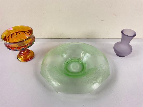 vintage vaseline glass dish, antique carnival glass candy dish and Viking glass vase.