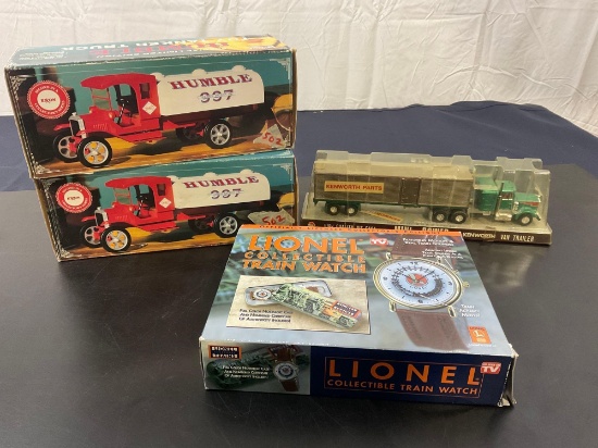 Lionel Collectible Train Watch + Mini Kenworth Truck + 2x 1994 Exxon Humble Toy Tanker Trucks