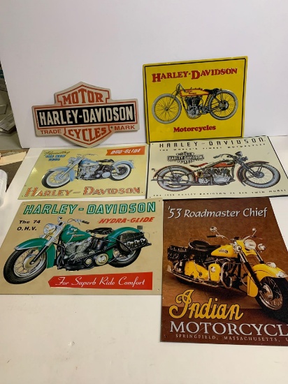 Set of six vintage metal Harley Davidson signs, largest one 12 x 17