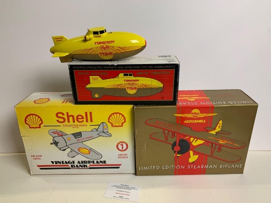 3X Shell Oil collectible diecast airplane and blimp coin banks