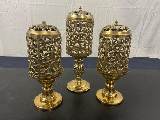 Three Matching Brass Candleholders with lids