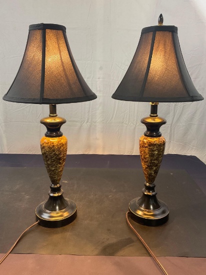 2 Matching Black and Marble Lamps 24 inches tall, Working tested.