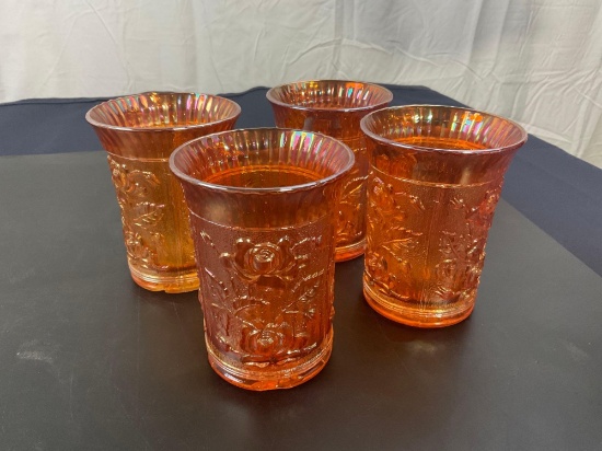 4 Carnival Glass Cups Orange/Amber in color