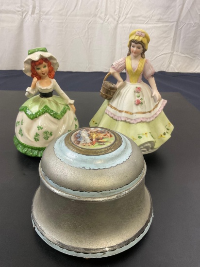 3 Vintage Music Boxes, two girls in dresses & one with a limoges style painted enamel top